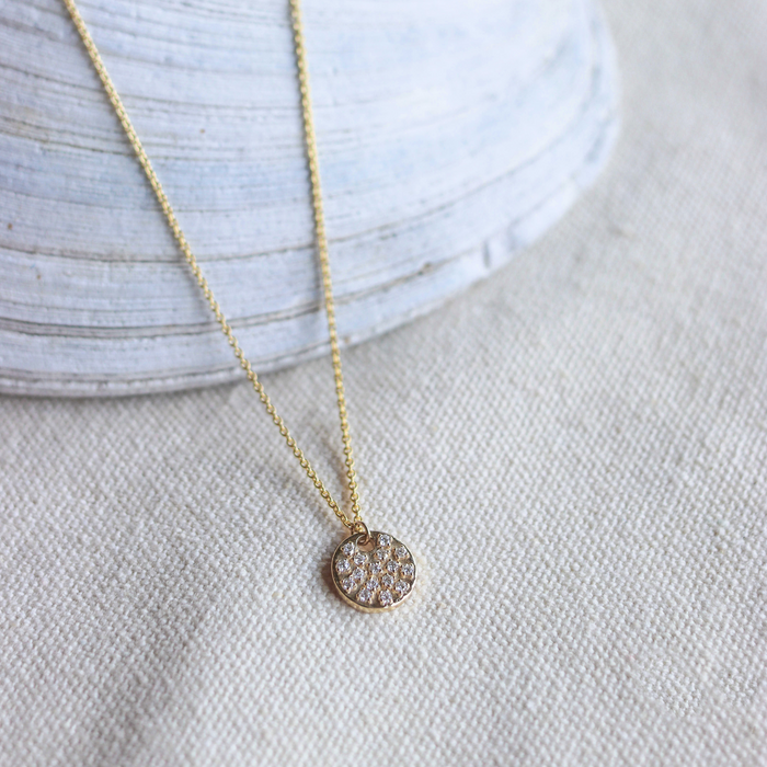 Pave Disc Necklace in Yellow Gold