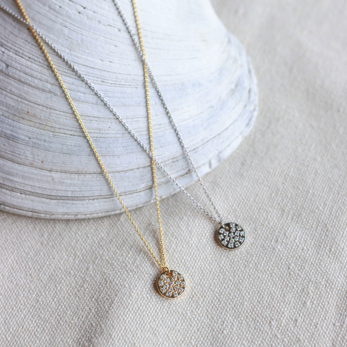 Pave Disc Necklace in White Gold